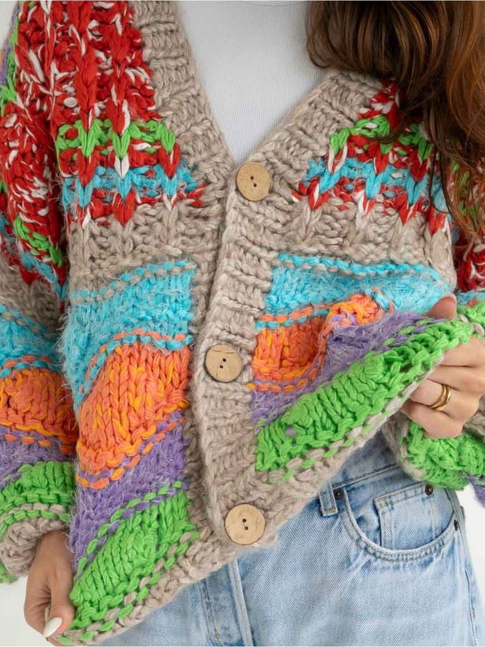 POL Contrast Striped Handmade Chunky Cardigan Boho Oversized Sweater